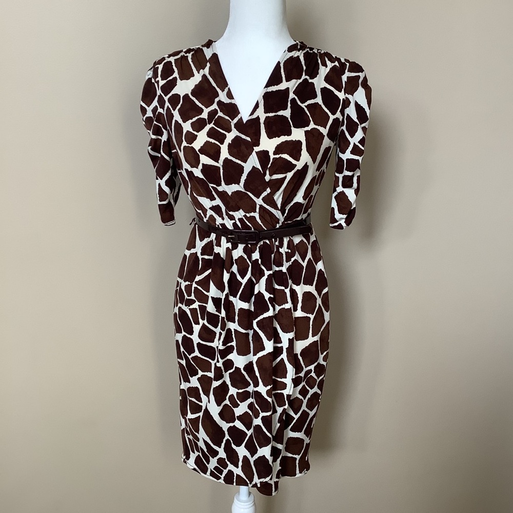 Donna Morgan Brown and White Giraffe Print Wrap Midi Dress